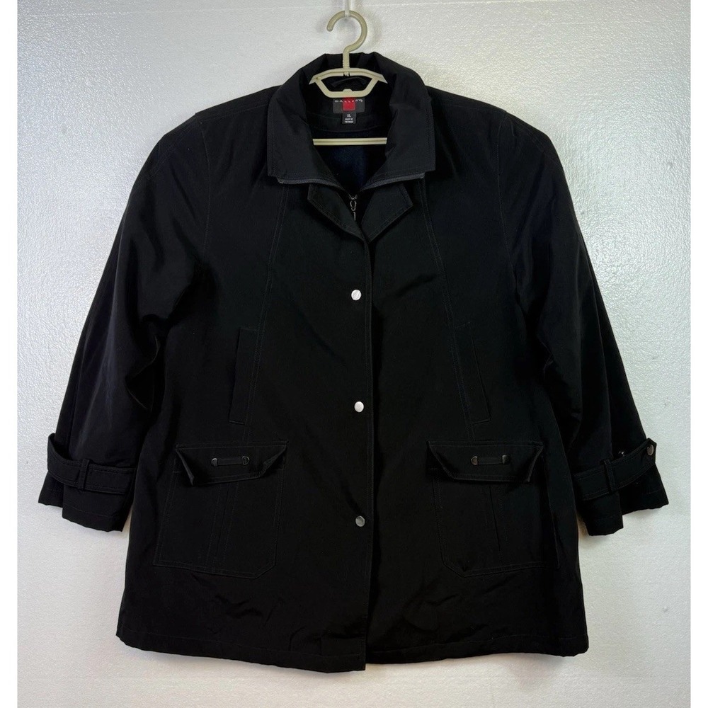 Gallery Womens Coat Black‎ Zip Button Front Sz XL Jacket Trench Overcoat Career